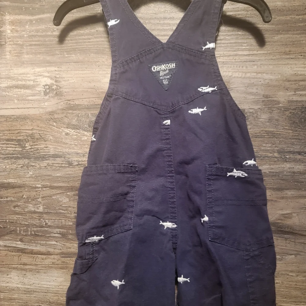 OSHKOSH B'GOSH Denim Bib Overalls BABY SHARK Sz 18 Months EUC
